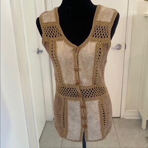 1970’s Original Vintage Crochet Button-Up Tan Suede Vest size 34 X-Small